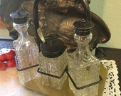 Vintage Cruet Set of 3 Condiment Jars in Original Caddy Cut Crystal Glass Cruet Set Diamond Cut Pattern Salt Pepper Mustard Jar with Spoon