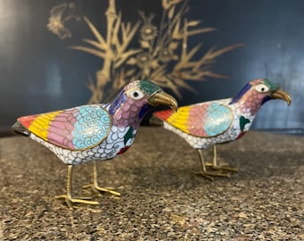 RARE Antique Vintage Multicolor Cloisonné Matching Bird Pair/Oriental Enamel on Brass Bird Figurines/Bird of Prey/Oriental Art/Set of 2