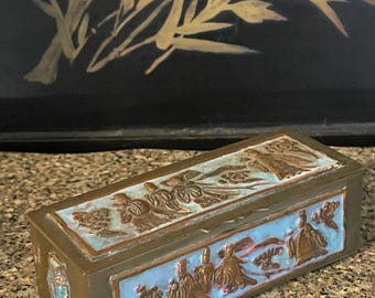 Antique Vintage Chinese Brass & Blue Cloisonné Raised Relief Divided Trinket Box/Buddhist Figures Rectangular Lidded Box/Stamp Holder/1920’s