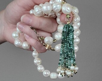 Vintage Handmade Genuine Large White Luster Pearl Necklace/Lariat/Moss Green Seed Glass Bead Tassel Necklace/Statement Jewelry/Long