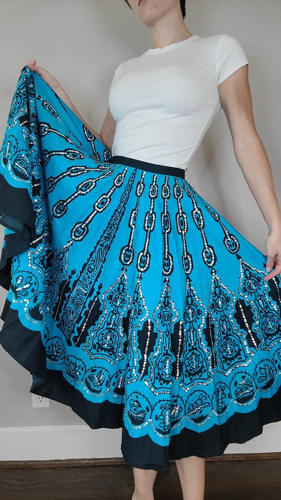 Vintage Gypsy Skirt/Light Blue and Black Full Cir… - image 1