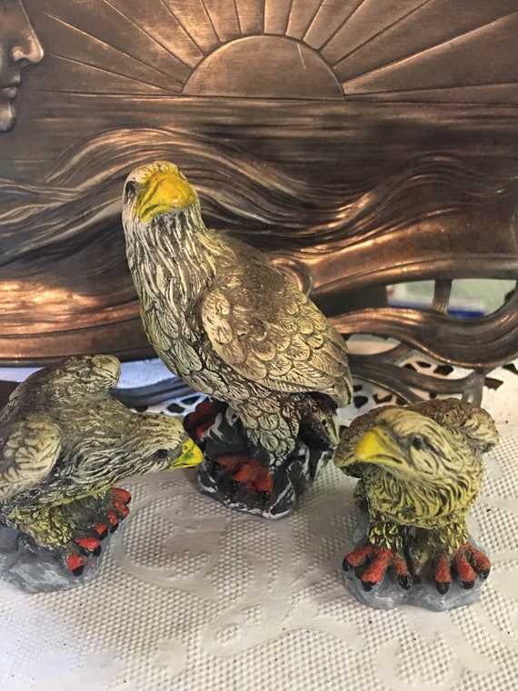 Set Of 3 Gypsum Plaster Miniature Eagle Figurines Golden Eagle Familymother Bird Wtwo Babieswild Life Miniature Bird Of Prey Figurines