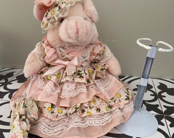 Vintage Toy Pink Pig/Plush Toy/Plush Pig/Stuffed Animal/Stuffed Pig Plushie/Stuffed Piggy on Stand/Pig in Bonnet/Kyklos Import Greece/1993