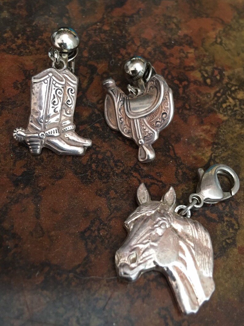 Cowgirl Boot Saddle Mismatched Clip on EarringsHorse Head Key Chain Charm with Lobster ClaspHorse Back RidingEquestrian Jewelry Set