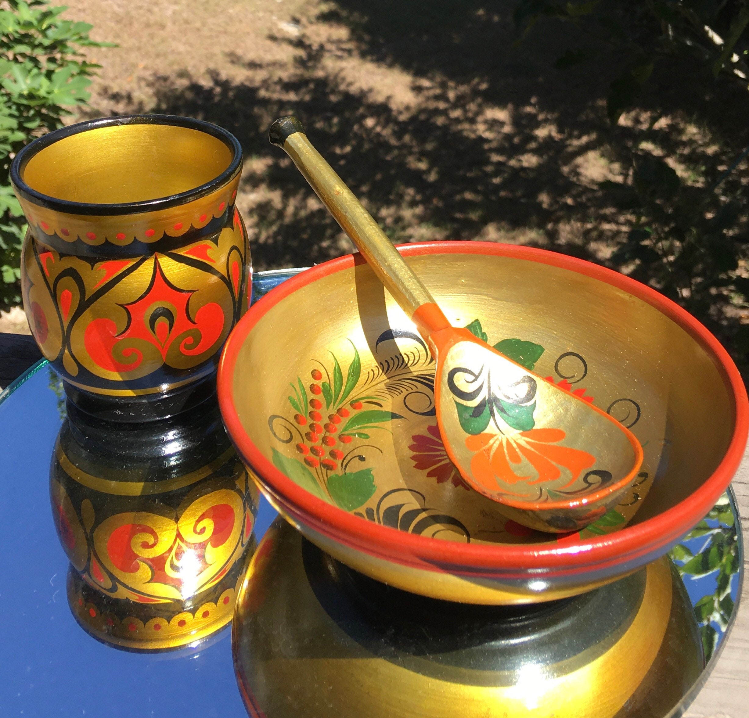 ensemble bol tasse et cuillère en bois peint à la main vintage/khokhloma/хохлома/art folklorique russe/cuisine campagnarde/lot de 3