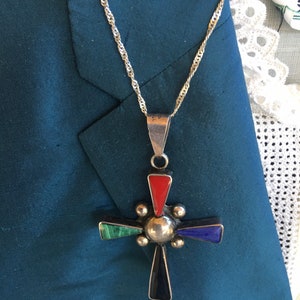 Vintage Sterling Silver Handmade Cross Pendant/Southwestern/Mexican/925 Silver Cross/Lapis/Onyx/Malachite/Coral/Multi Gem Cross/Large