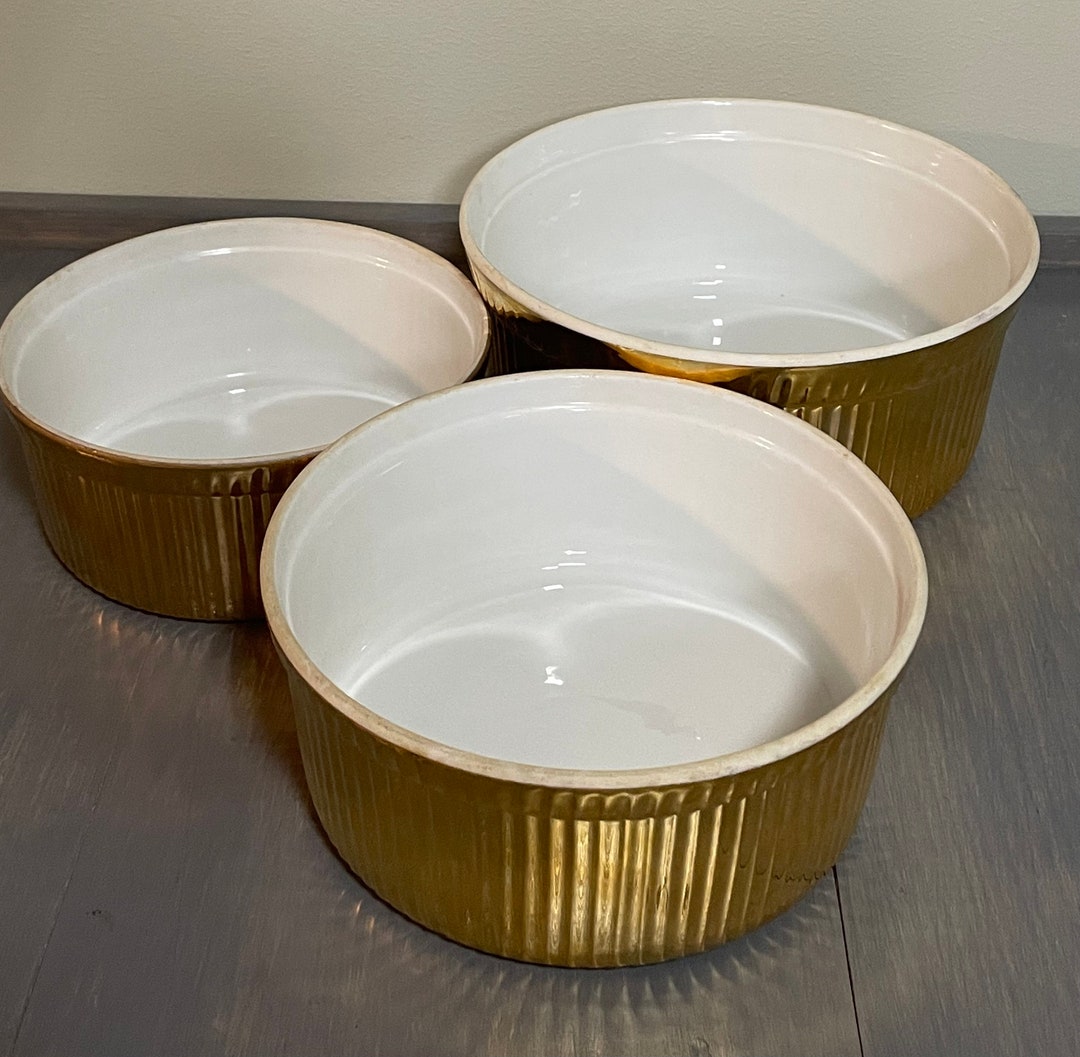 Vintage Apilco Porcelain Soufflé Dish Set/ribbed Gold Bowl Etsy