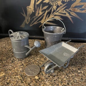 Vintage Miniature Pewter Dollhouse Garden Accessories/Wheel Barrow/Watering Can/Shelf Display/Made in England/Set of 3