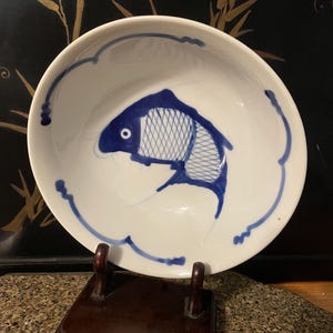 Vintage Hand-Painted Koi Fish Bowl: Blue & White Ceramic Enamelware