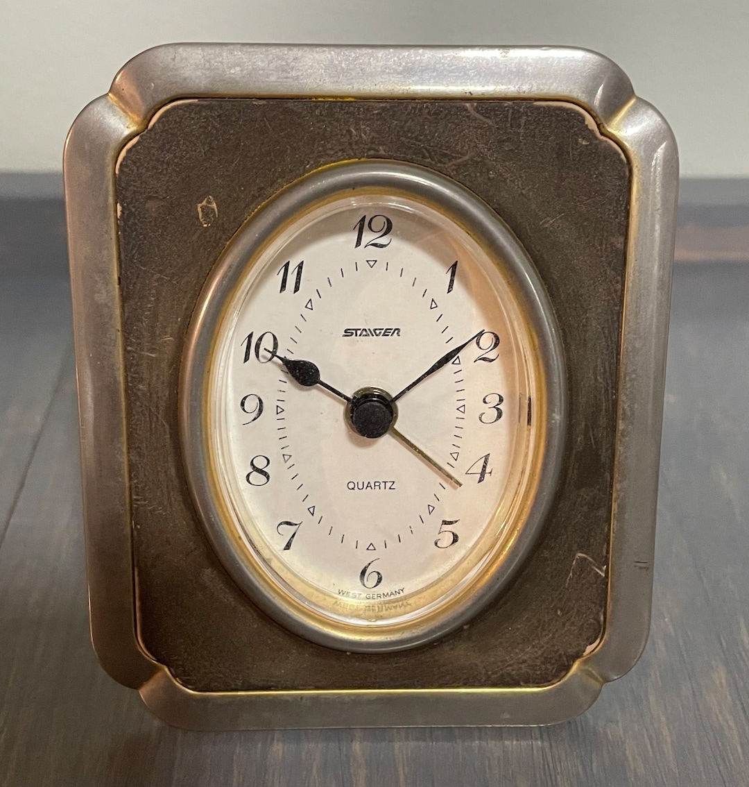 Vintage Staiger Quartz West German Alarm Clock/leather Front Panel/oval Face/travel Clock/retro