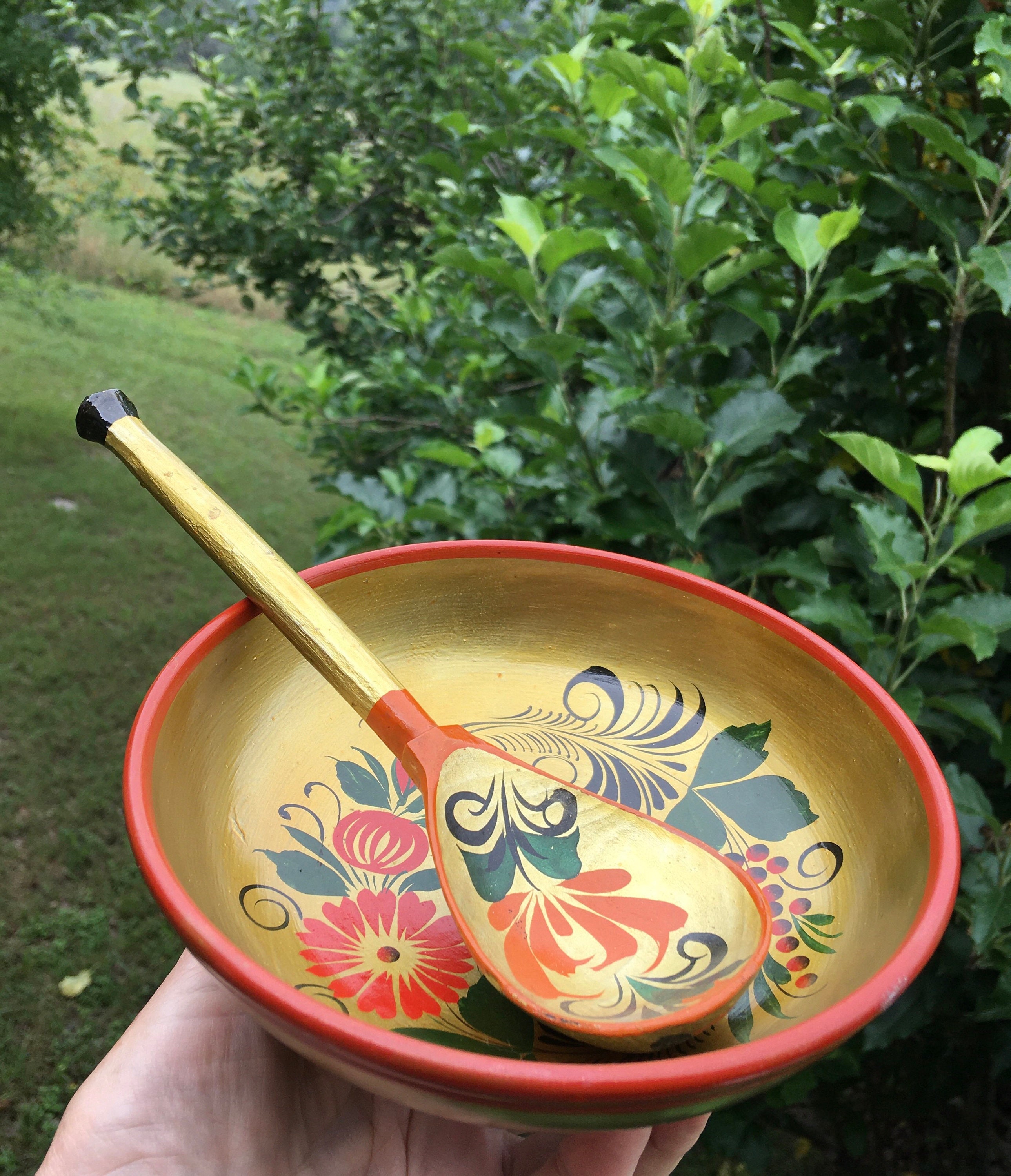 Vintage Handbemalte Holzschale und Löffel | Etsy