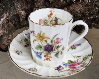 Vintage Fine Porcelain Ribbed Demitasse Cup & Saucer Set/Royal Worcester ROANOKE Floral Coffee Cup/Espresso Cup/Collectible/Made in England