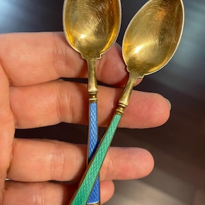 Vintage Watson Sterling Silver Guilloche Enamel Demitasse Spoons - Gold Wash, Set of 2