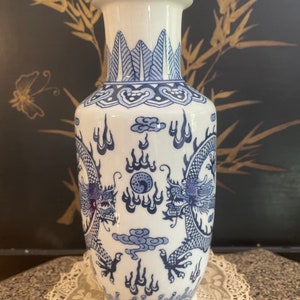 Vintage Blue and White Porcelain Baluster Vase/Oriental Vase/Chinese Vase/Chinese Dragon/Flying Dragon/Asian Decor/Flaming Pearl/8”