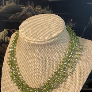 Vintage Peridot Chip Necklace: Five Strand Gemstone Choker, Silver Toggle Clasp