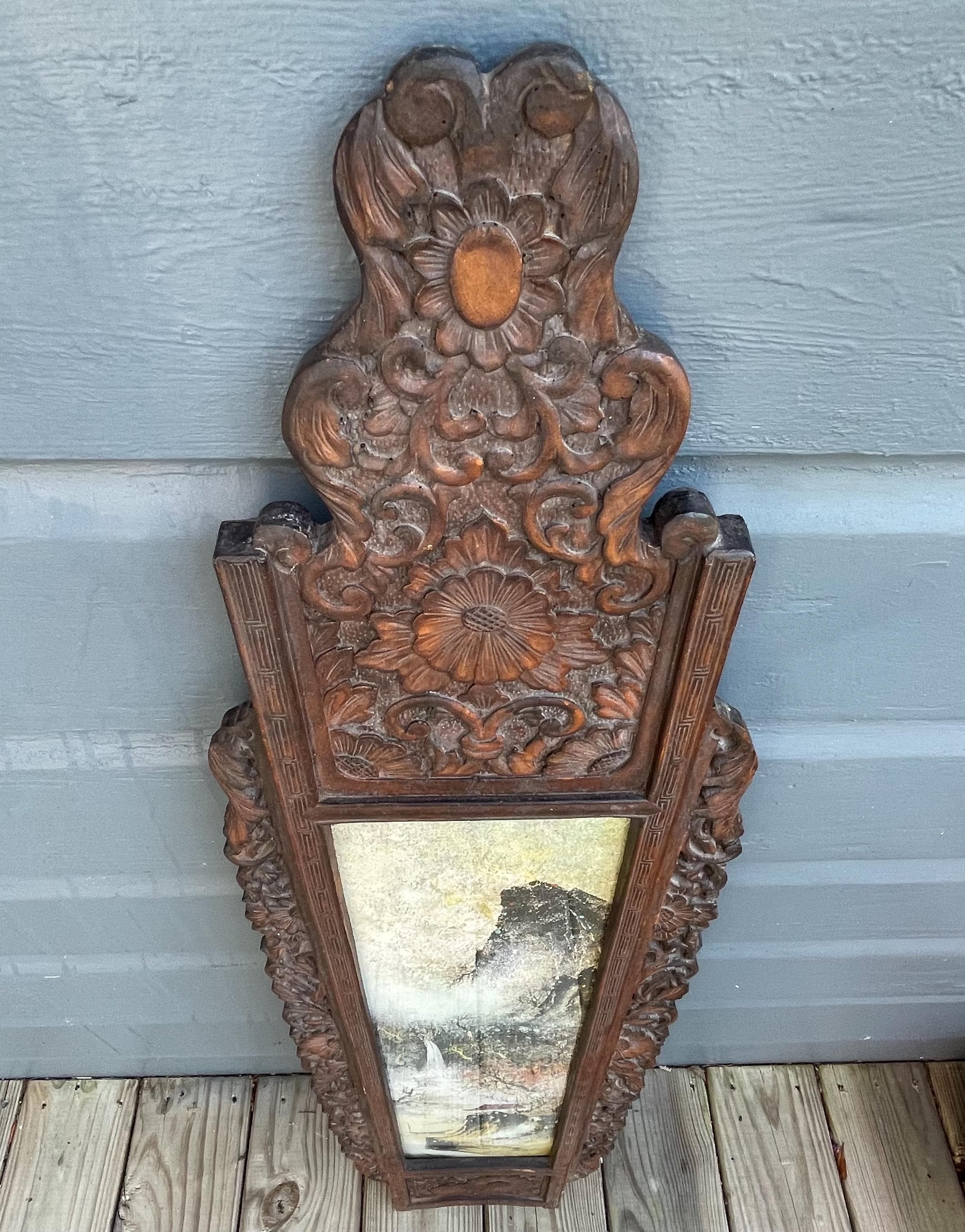 アンティークヴィンテージ東洋中国彫刻木製飾り板/装飾パネル/壁掛け