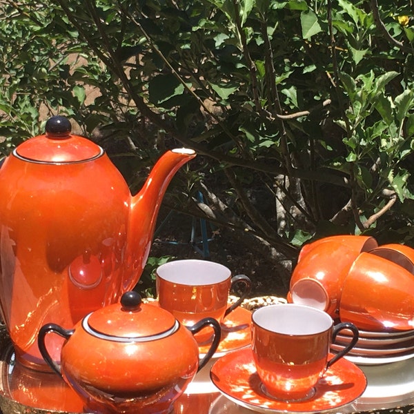 Vintage ART DECO Orange Lusterware Coffee Set/Rudolf Wachter Bavaria/Orange/Lustrous/Demitasse Espresso Cup/Set for 6/Germany/1950’’s