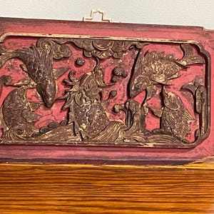 Antique Vintage Oriental Hand Carved Wooden Plaque/Raised Relief Panel/Wall Decor/Tablet/Chinese Dragon & Fish/Prosperity/Oriental Art/1800s
