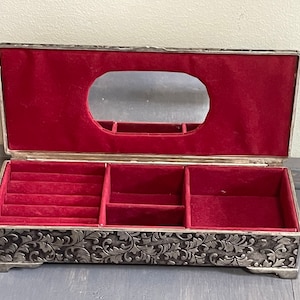 Vintage Jewelry Box/Ornate Silver Plated Jewelry Box/Vanity/Footed Ring Casket/Repousse  Metalwork/Red Velvet Lining/9”x4”x2”