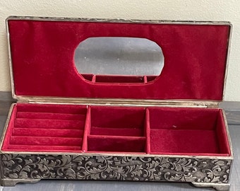 Vintage Jewelry Box/Ornate Silver Plated Jewelry Box/Vanity/Footed Ring Casket/Repousse  Metalwork/Red Velvet Lining/9”x4”x2”