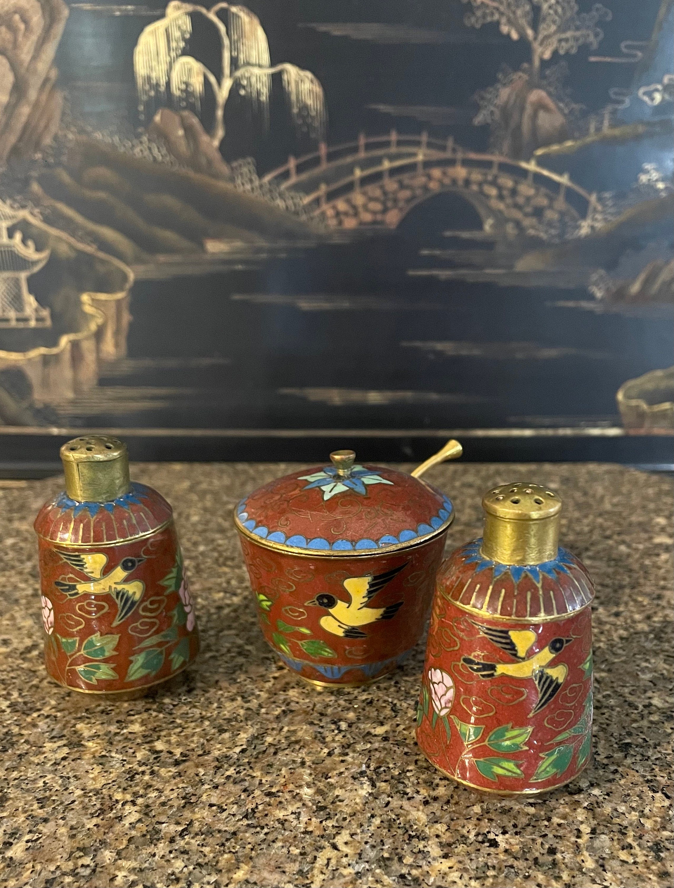 Vintage Oriental Chinese Red Cloisonné Salt Pepper Mustard Set/Salt and Pepper Shakers/Lidded Mustard Jar with Spoon/Condiment Jars/Set of 3