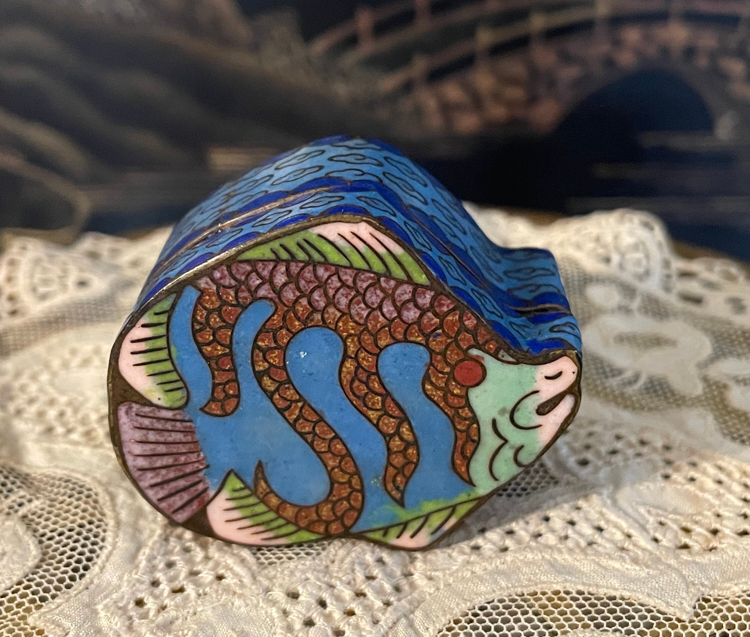 cliosonne fish boxes Vintage Oriental Cloisonné Fish Trinket Box/blue Fish Miniature Box/enameled  Oriental Keepsake/2”/1970's