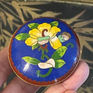 Vintage Chinese Cloisonné Round Trinket Box/Blue Cloisonné Keepsake Box/Yellow Lotus Flower Lidded Bowl/Calligraphy Red Ink Box/1940’s