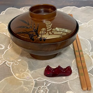 Vintage Oriental Japanese Covered Lacquerware Bowl/Hand Decorated Lidded Rice Bowl/Footed Asian Bowl/Misu Soup Bowl w/Chopsticks Rest/Japan
