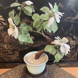 Vintage Hand Carved Flowering Jade Tree in Celadon Pot/Oriental Adjustable Flower Bonsai Tree/White Flowers/Asian Decor/12” on Stand