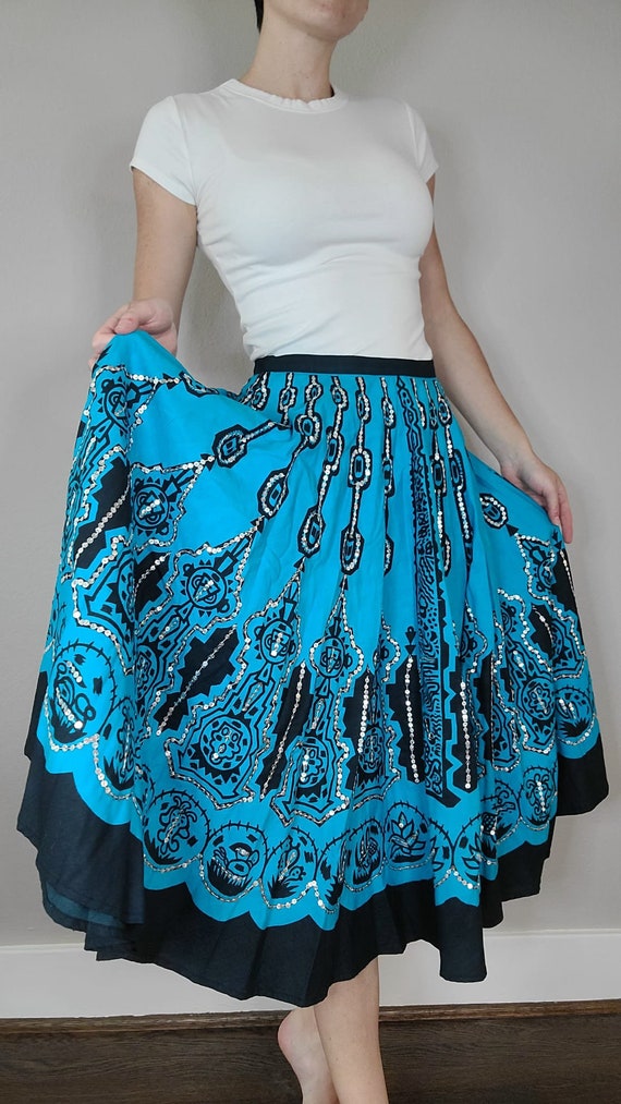 Vintage Gypsy Skirt/Light Blue and Black Full Cir… - image 2