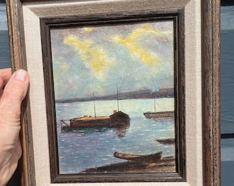 Pintura al óleo vintage sobre tabla/Paisaje marino/Agua/Puerto/Vista costera/Enmarcada/Década de 1970