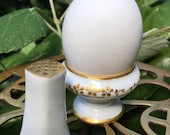 Vintage Limoges Hand Painted Fine White Porcelain Open Salt Cellar Pepper Shaker Set Figural Egg Cup Gold Leaf Accents France Germany