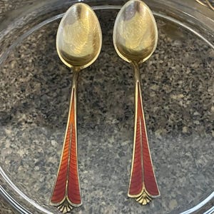David Andersen Sterling Silver Demitasse Spoons: Red Guilloche Enamel, Gold Wash