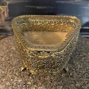 Vintage French Pierced Gilt Brass and Beveled Glass Lid Jewelry Box/Cupidon Ornate Trinket Box/Triangular Footed Display Casket/1960’s