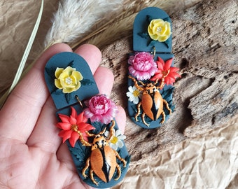 Bug Earrings, Polymer Clay Flower Earrings, Botanical Earrings, Hand Sculpted Jewelry, Beetle Earrings