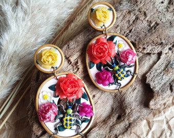 Beetle Earrings, Polymer Clay Flower Earrings, Botanical Earrings, Hand Sculpted Jewelry, Gold Frame Earrings
