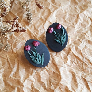 Black Clay Studs, Organic Shape Stud Earrings, Tulip Flower Earrings, Handcrafted Floral Accessories image 1