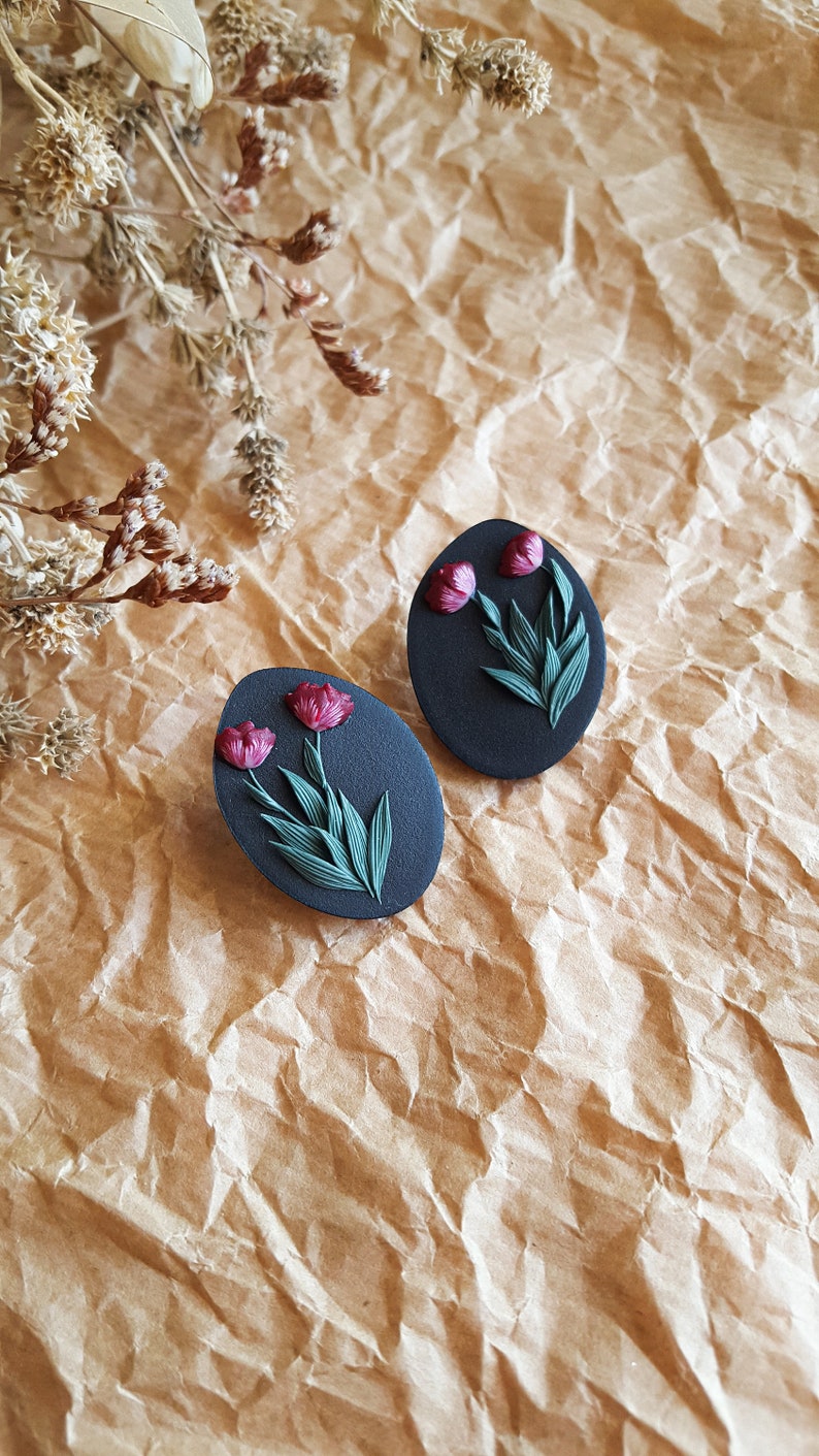 Black Clay Studs, Organic Shape Stud Earrings, Tulip Flower Earrings, Handcrafted Floral Accessories image 1