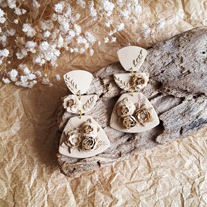 Latte Clay Earrings, Flower Polymer Clay Earrings, Handmade 3D Flowers, Flower Inspired Earrings, Monochrome Clay Earrings