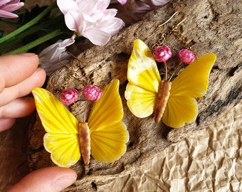 Butterfly Earrings, Flower Jewellery, Hand Sculpted Peony Earrings