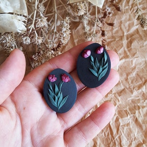 Black Clay Studs, Organic Shape Stud Earrings, Tulip Flower Earrings, Handcrafted Floral Accessories image 2