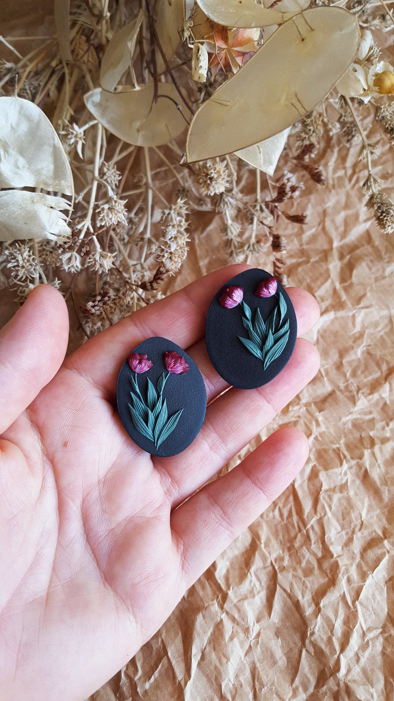 Black Clay Studs, Organic Shape Stud Earrings, Tulip Flower Earrings, Handcrafted Floral Accessories image 2