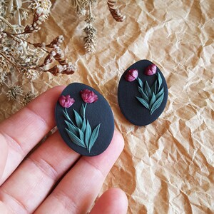 Black Clay Studs, Organic Shape Stud Earrings, Tulip Flower Earrings, Handcrafted Floral Accessories image 3