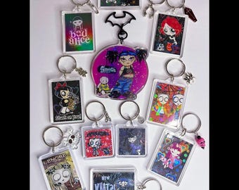 Early 2000’s holographic keychains goth girl cartoon charms