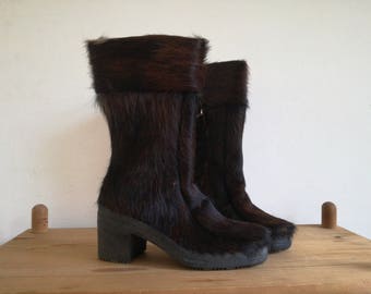 VINTAGE Deadstock 1970 apres ski fur boots cow skin heigh heels souki made in france uk size 3 eu 36