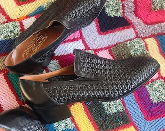 Deadstock Clerget vintage leather shoes slip ons good quality made in France woven leather all flexible