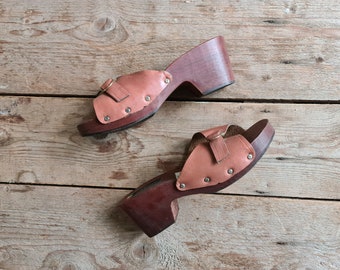 1970 vintage clogs open toe wooden heels leather