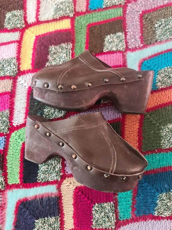 1960s 1970s vintage wooden platform clogs sandals lea… - Gem