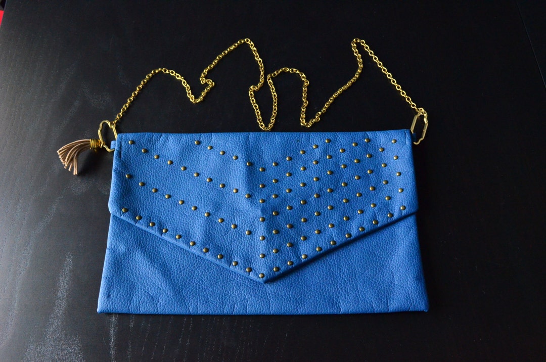 Shoulder Bag, Blue Leather Eco Bag, Studded Bag, Tassel Bag, Clip Bag