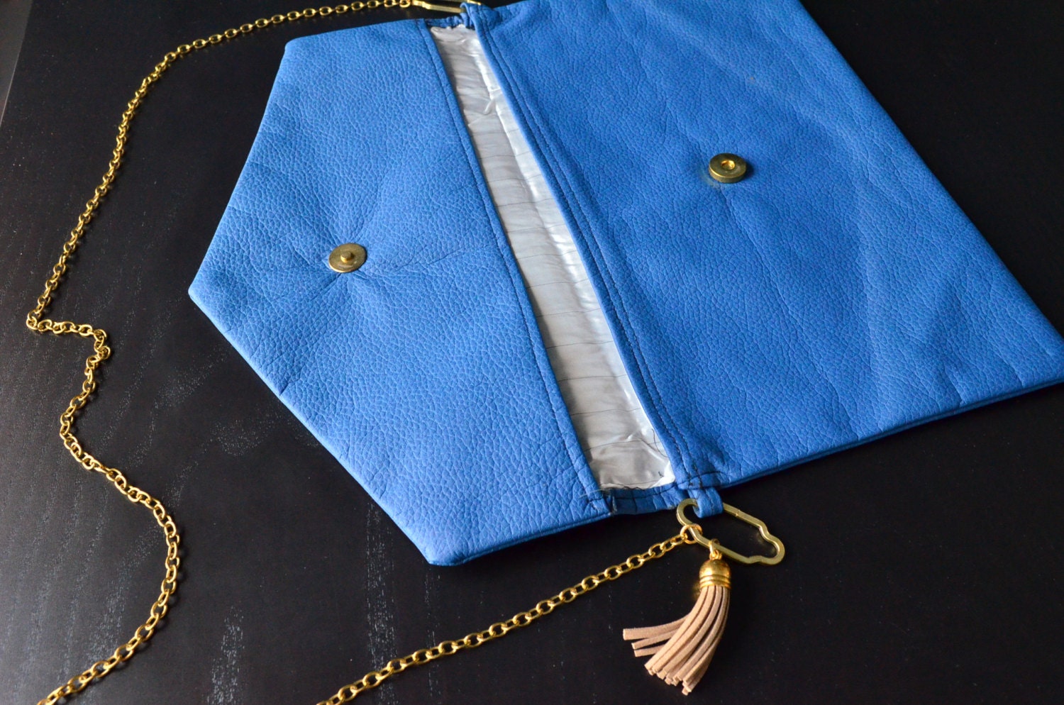 Shoulder Bag, Blue Leather Eco Bag, Studded Bag, Tassel Bag, Clip Bag